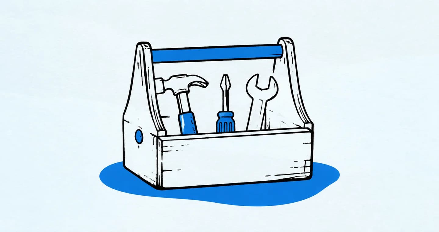 A small toolbox holding just three neatly chosen tools, drawn in black ink with blue accents on lightly textured paper.