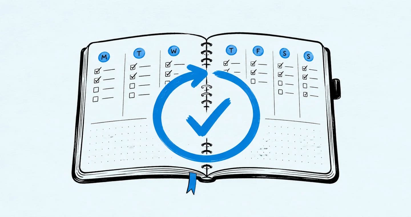 An open weekly planner with a circular review arrow and checkmark, drawn in black ink with blue accents on lightly textured paper.