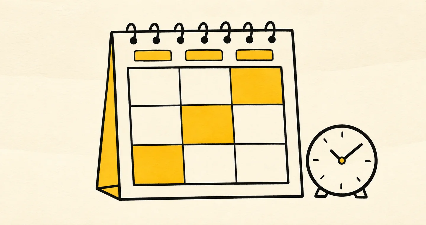 A weekly calendar with three broad time blocks and a small clock, drawn in black ink with ochre accents on lightly textured paper.
