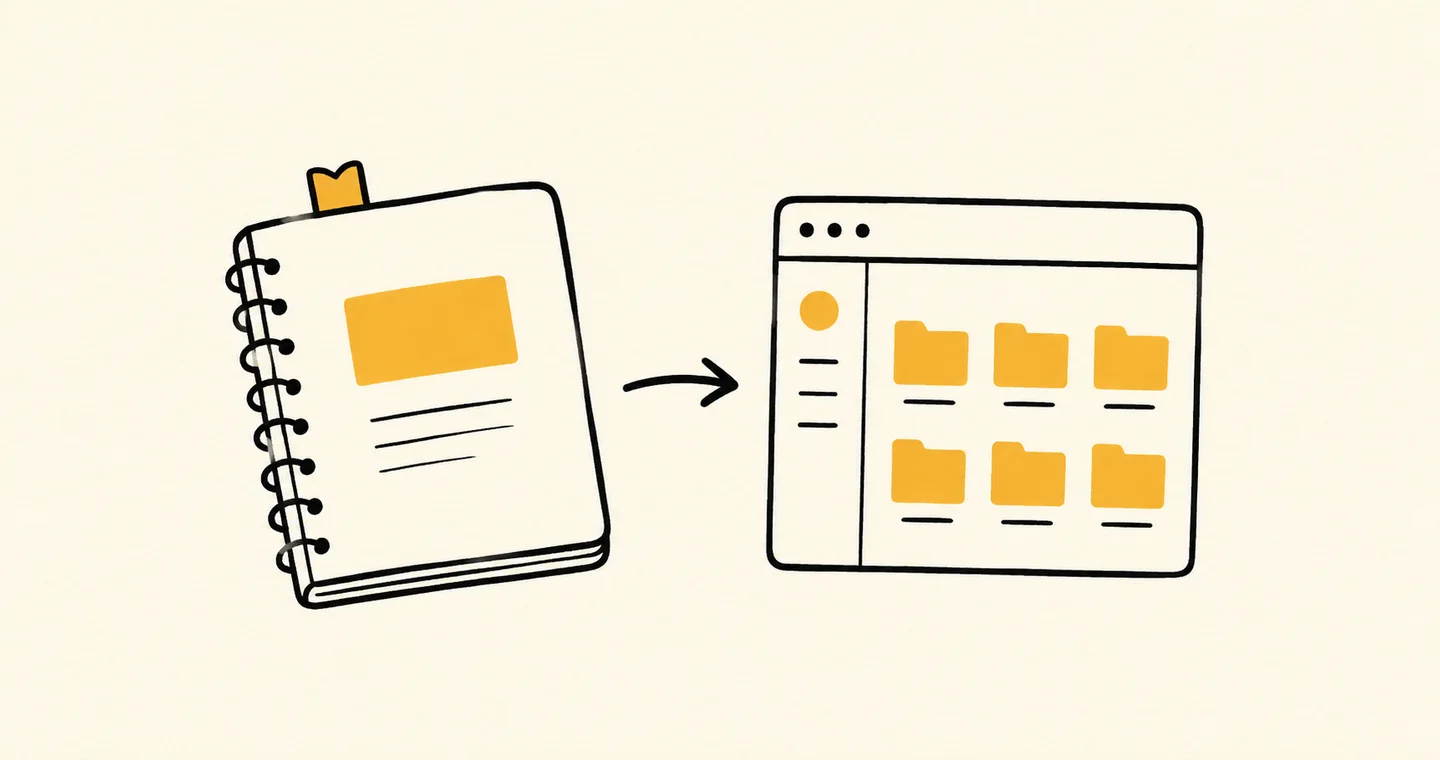 A paper notebook beside an organized digital window connected by an arrow, drawn in black ink with ochre accents on lightly textured paper.