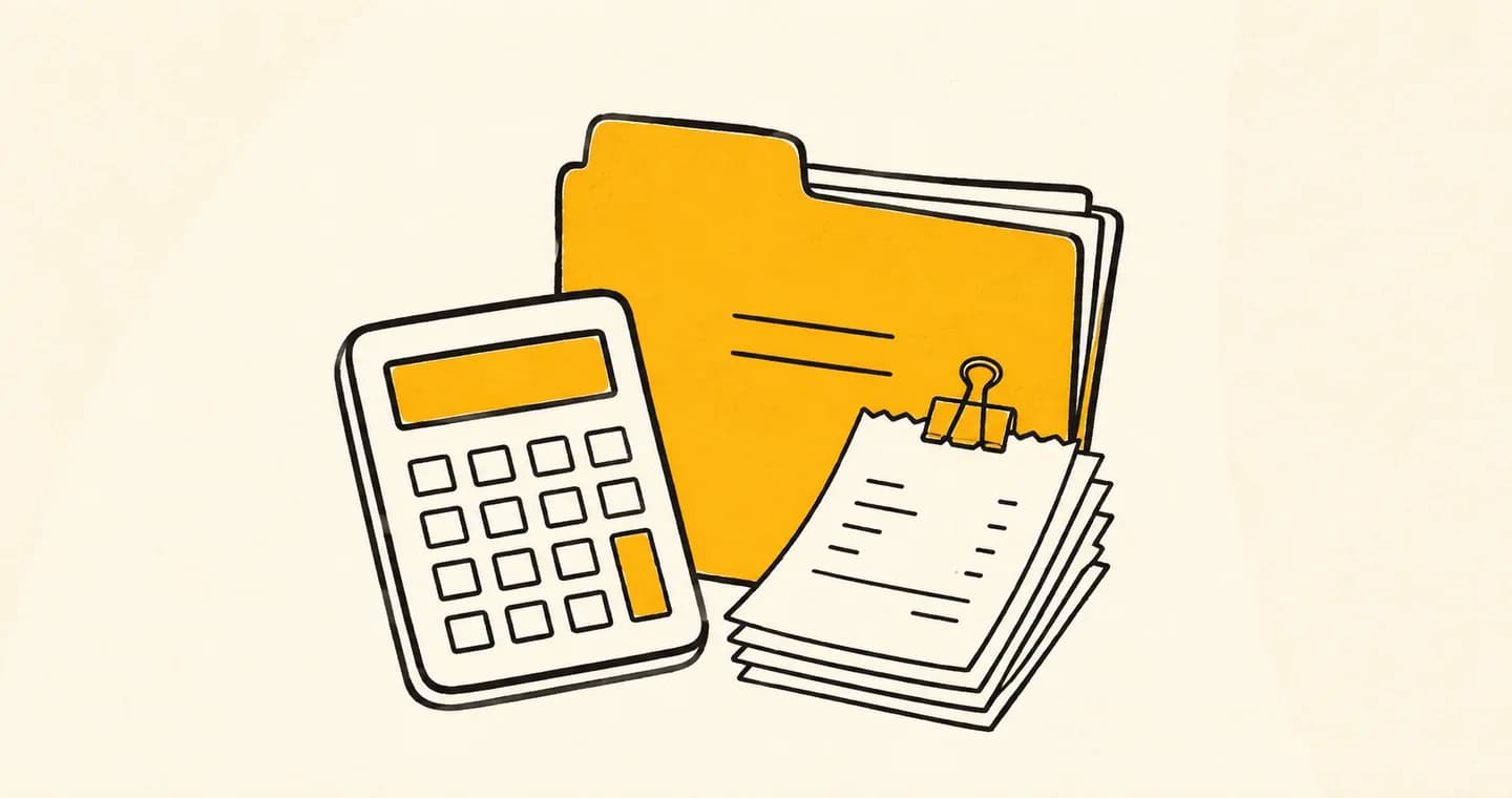 A calculator and tidy receipt stack beside a filing folder, drawn in black ink with ochre accents on lightly textured paper.