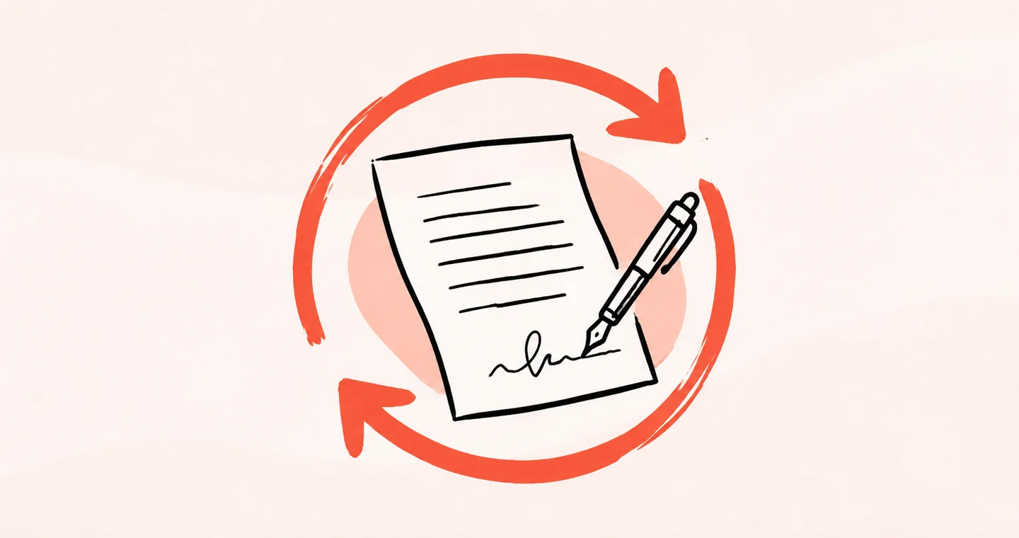 A circular arrow renewing a signed agreement, drawn in black ink with coral accents on lightly textured paper.