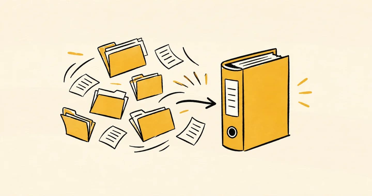 Scattered project folders gathered into one orderly binder, drawn in black ink with ochre accents on lightly textured paper.