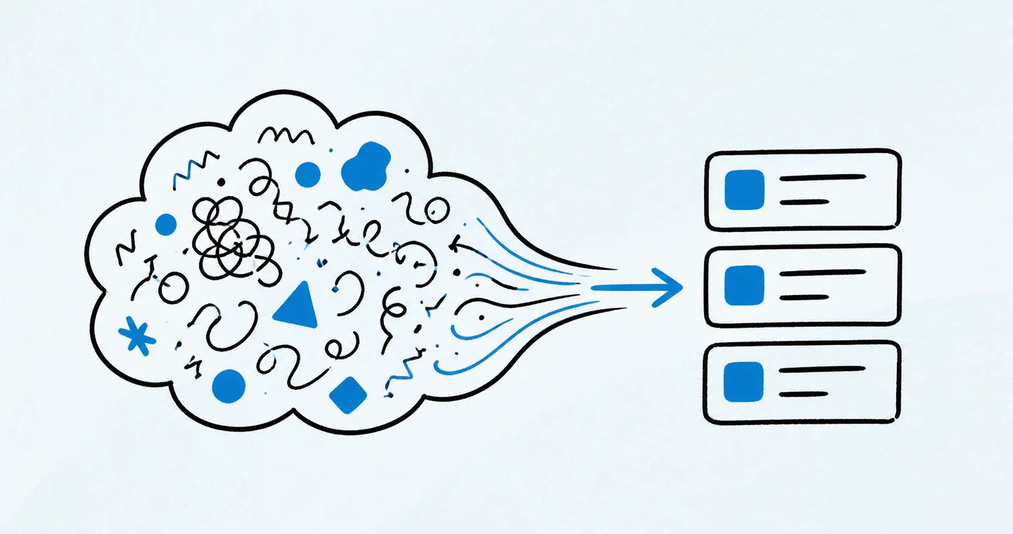A cloud of loose scribbles flowing into three tidy project cards, drawn in black ink with blue accents on lightly textured paper.