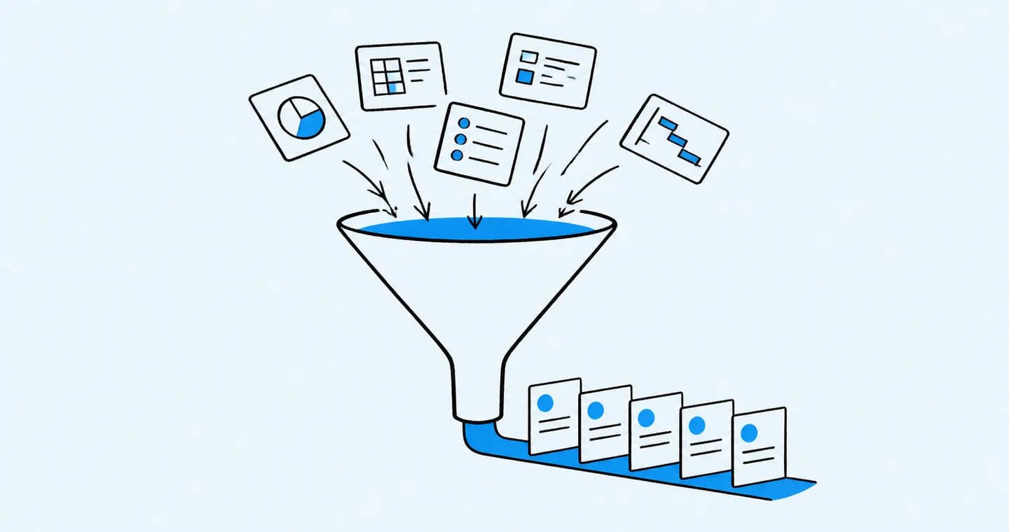 A funnel guiding several project cards into an orderly queue, drawn in black ink with blue accents on lightly textured paper.