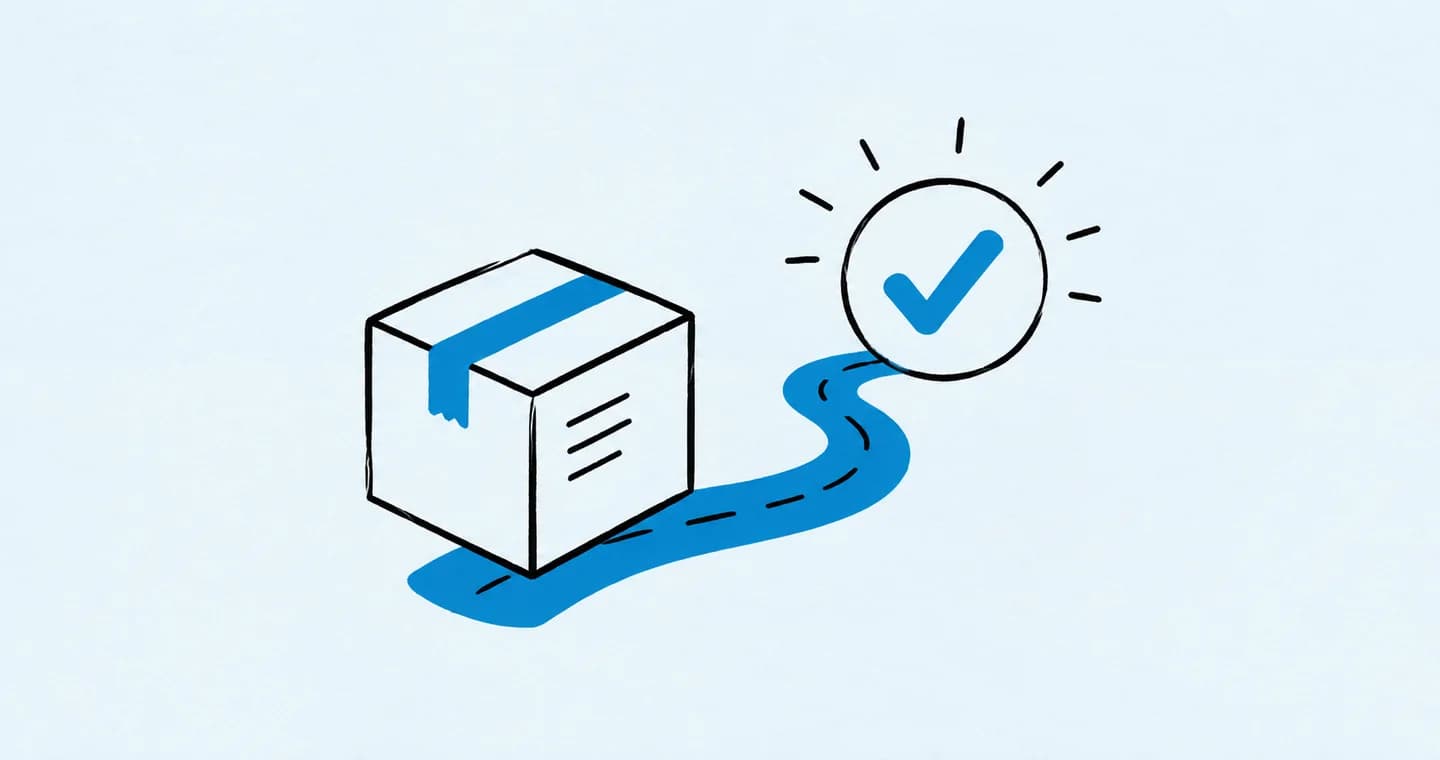A project package traveling along a short path to a signature checkmark, drawn in black ink with blue accents on lightly textured paper.