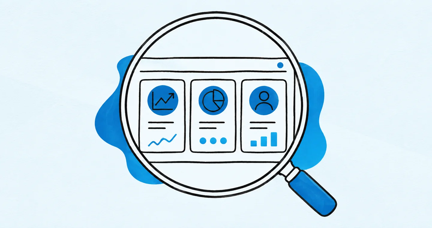 A dashboard board of three clear status cards under a magnifying glass, drawn in black ink with blue accents on lightly textured paper.
