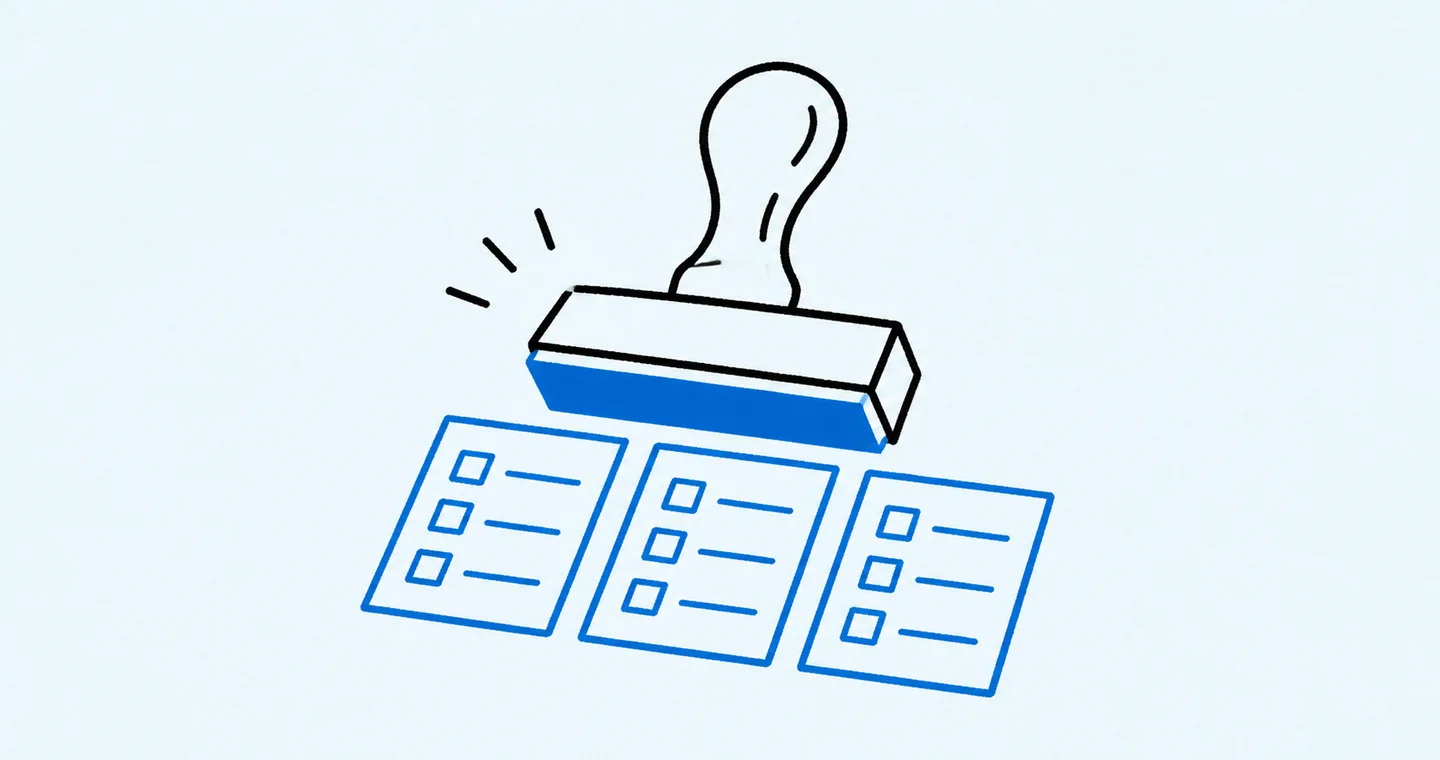 A rubber stamp reproducing three matching blank project checklists, drawn in black ink with blue accents on lightly textured paper.