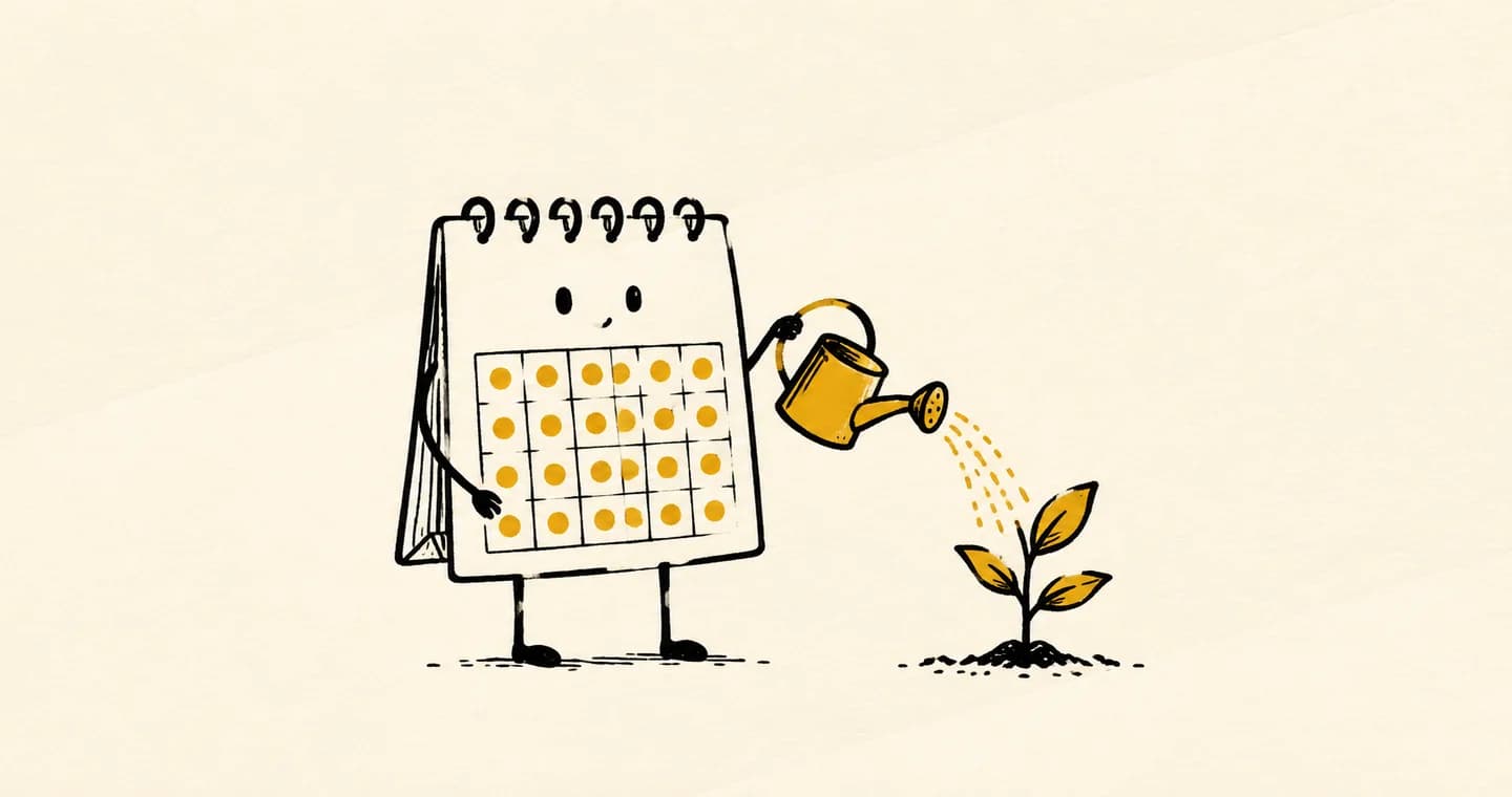 A small calendar with repeating marks watering a growing plant, drawn in black ink with ochre accents on lightly textured paper.