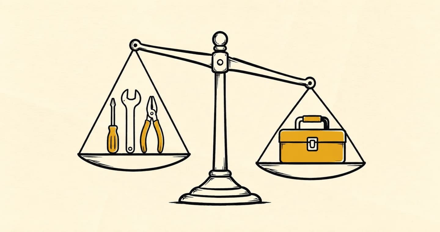 A balance scale comparing three small tools with one compact toolbox, drawn in black ink with ochre accents on lightly textured paper.