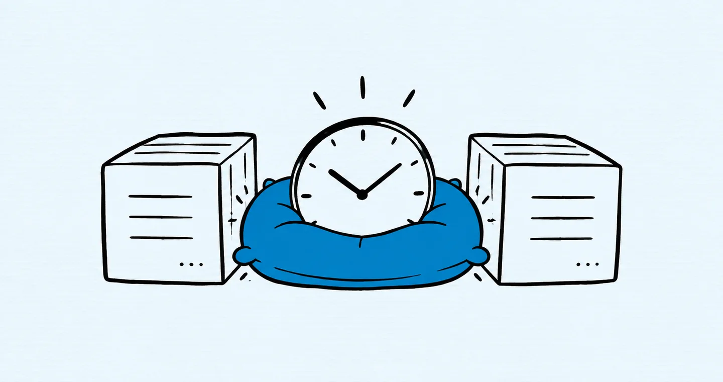 A small cushion protecting a clock between two project blocks, drawn in black ink with blue accents on lightly textured paper.