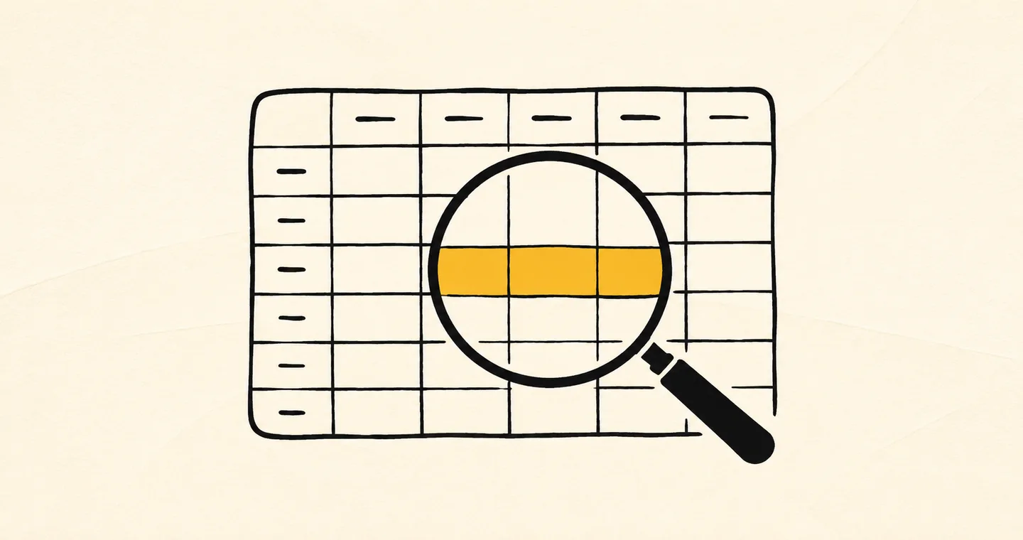A spreadsheet grid with a magnifying glass highlighting three task squares, drawn in black ink with ochre accents on lightly textured paper.