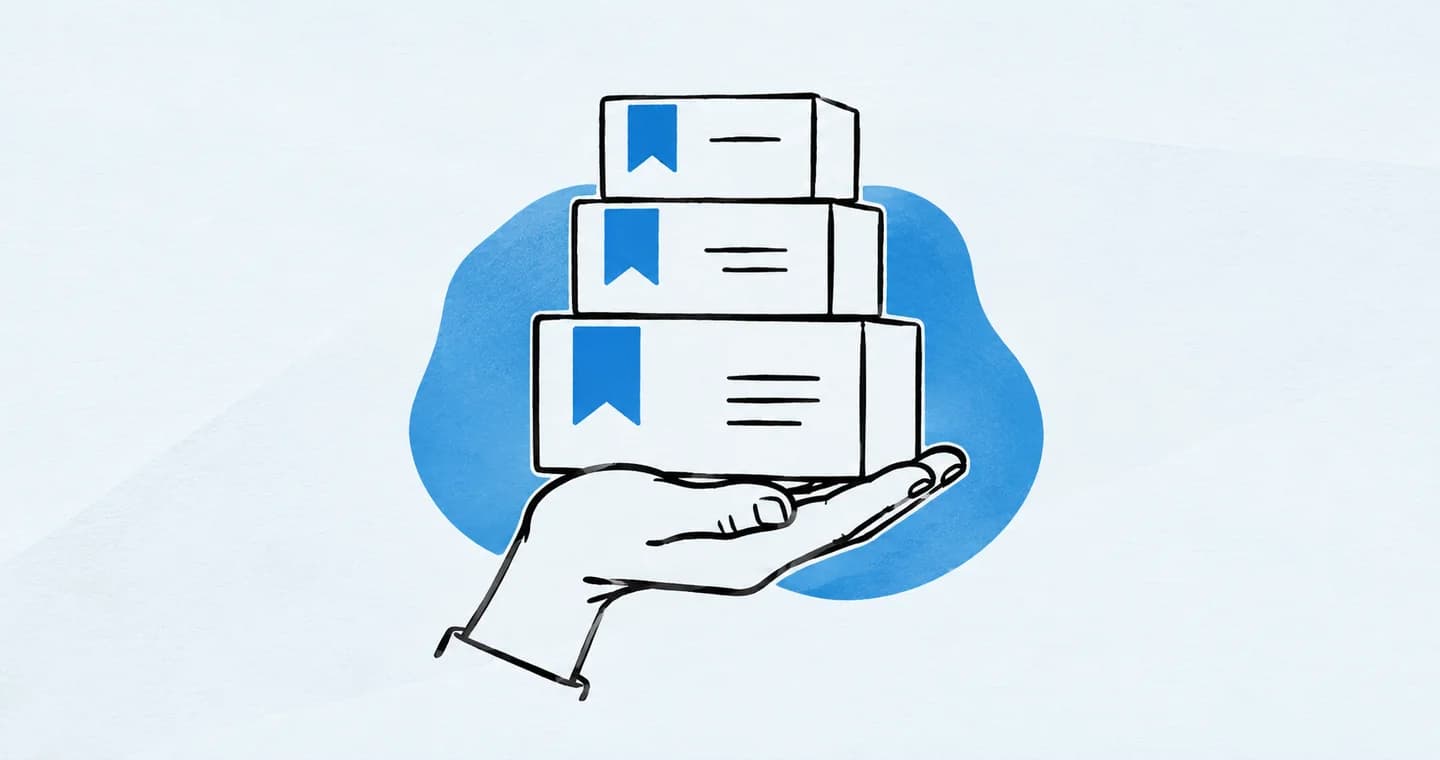 One hand balancing a stack of three deliverable boxes, drawn in black ink with blue accents on lightly textured paper.