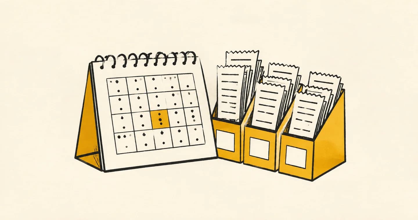 A calendar beside neatly grouped receipt folders, drawn in black ink with ochre accents on lightly textured paper.