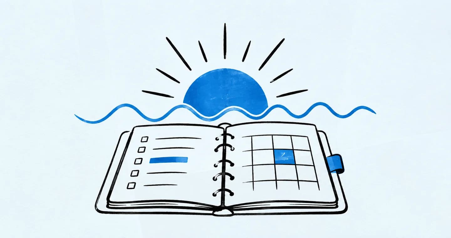A sun rising above an open planner with a simple energy wave, drawn in black ink with blue accents on lightly textured paper.
