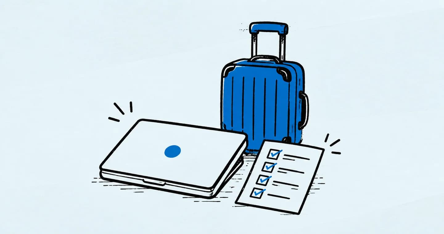 A closed laptop beside a small suitcase and a checked checklist, drawn in black ink with blue accents on lightly textured paper.