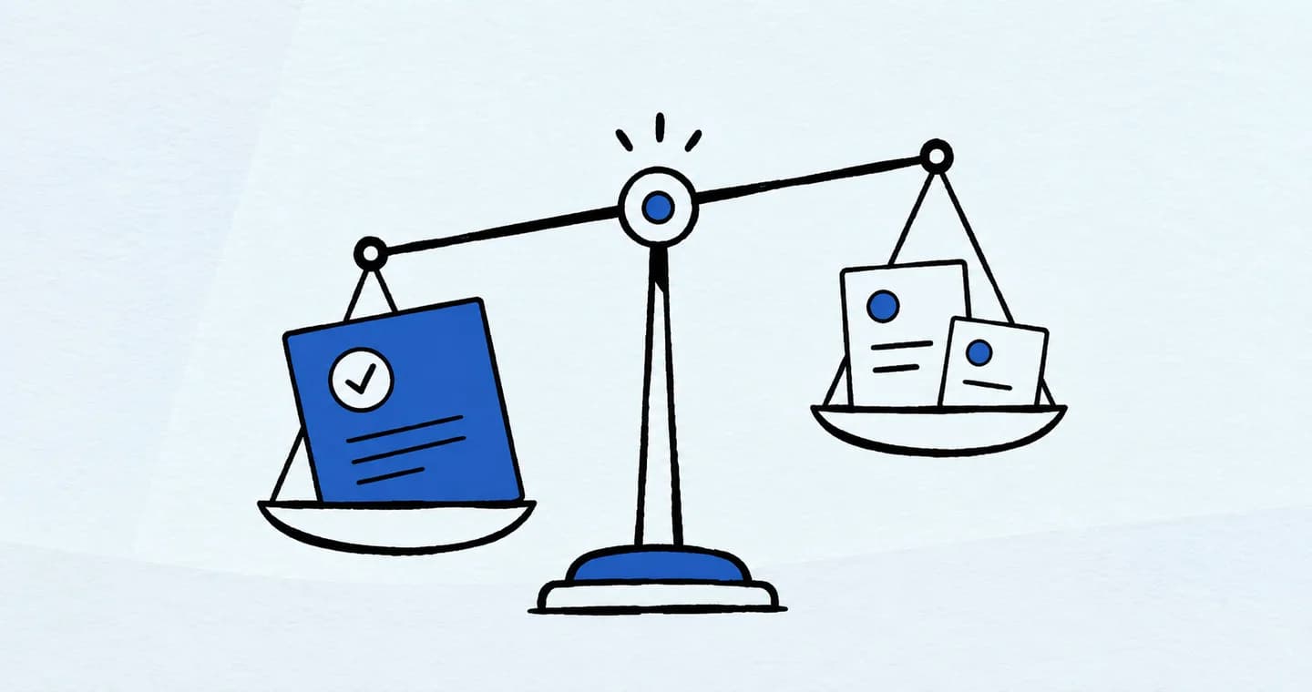 A balance scale weighing three differently sized task cards, drawn in black ink with blue accents on lightly textured paper.