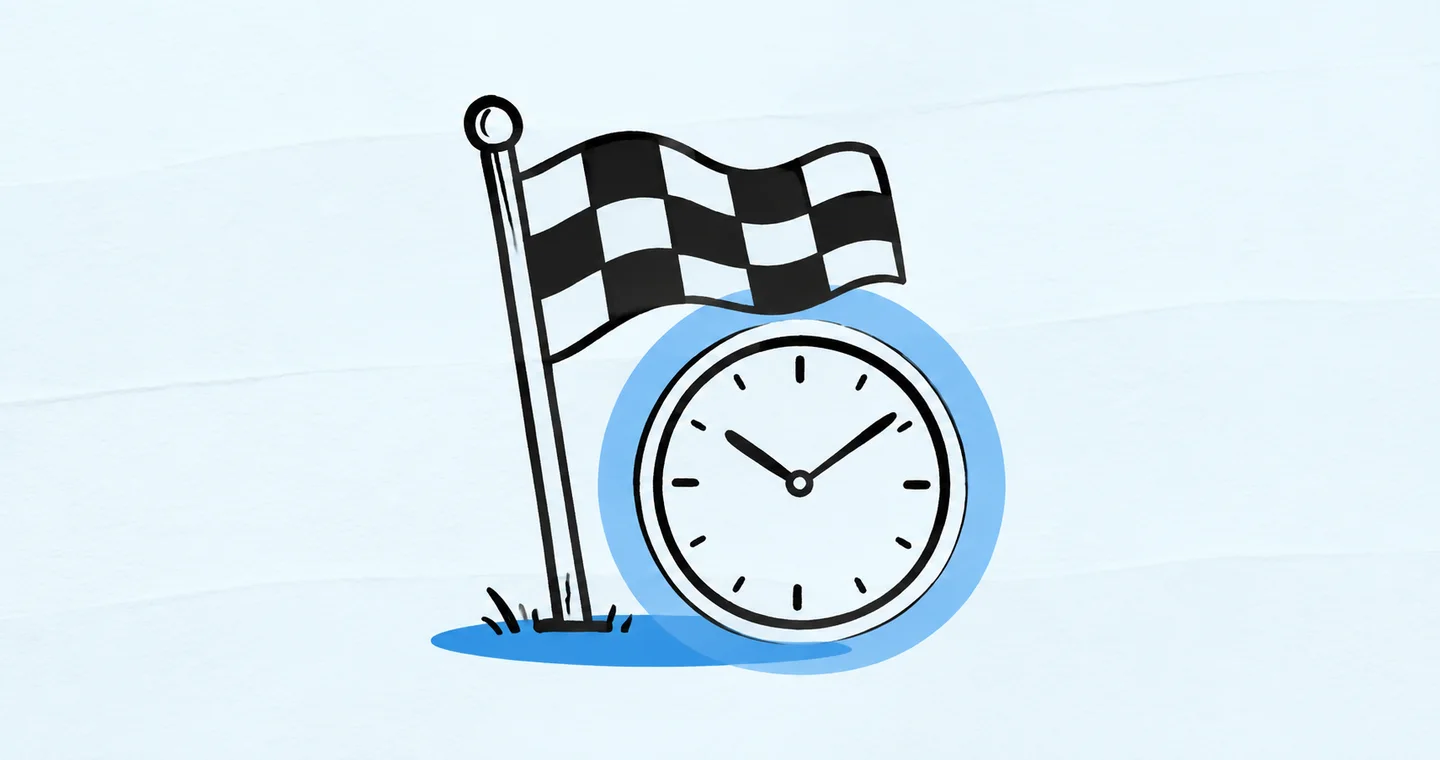 A finish-line flag beside a clock with a clear buffer ring, drawn in black ink with blue accents on lightly textured paper.