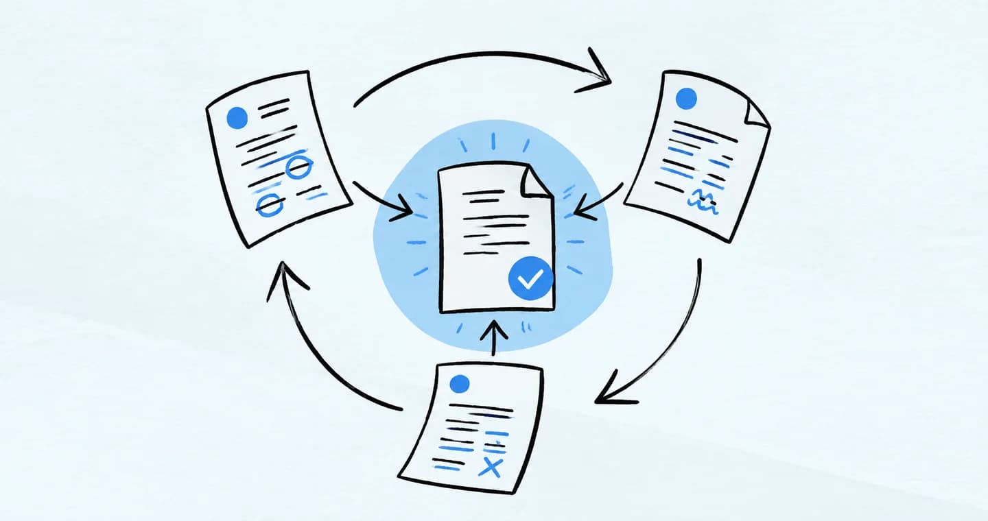 Three revision sheets circling toward a single approved page, drawn in black ink with blue accents on lightly textured paper.