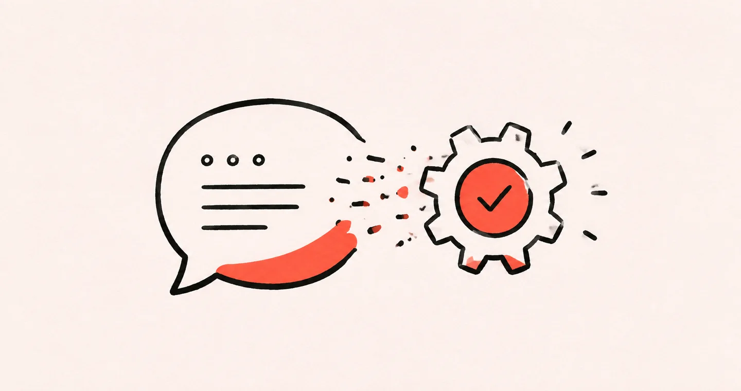 A feedback speech bubble becoming a small improved gear, drawn in black ink with coral accents on lightly textured paper.