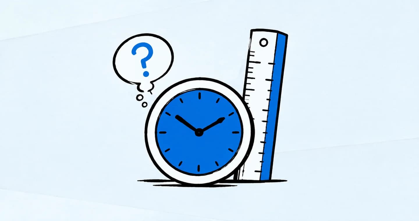 A clock beside a measuring ruler and a small question bubble, drawn in black ink with blue accents on lightly textured paper.