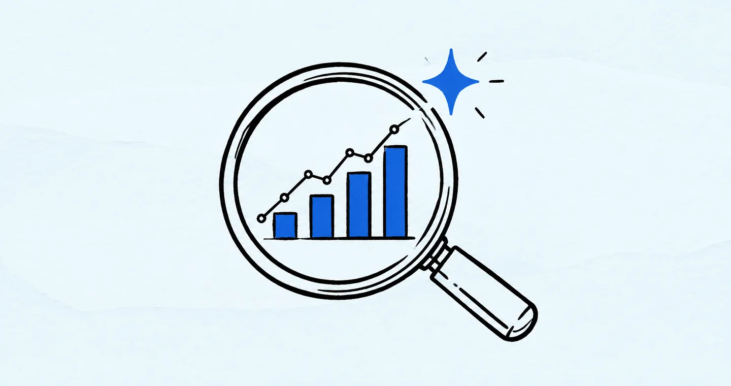 A magnifying glass examining a small chart with one geometric sparkle, drawn in black ink with blue accents on lightly textured paper.