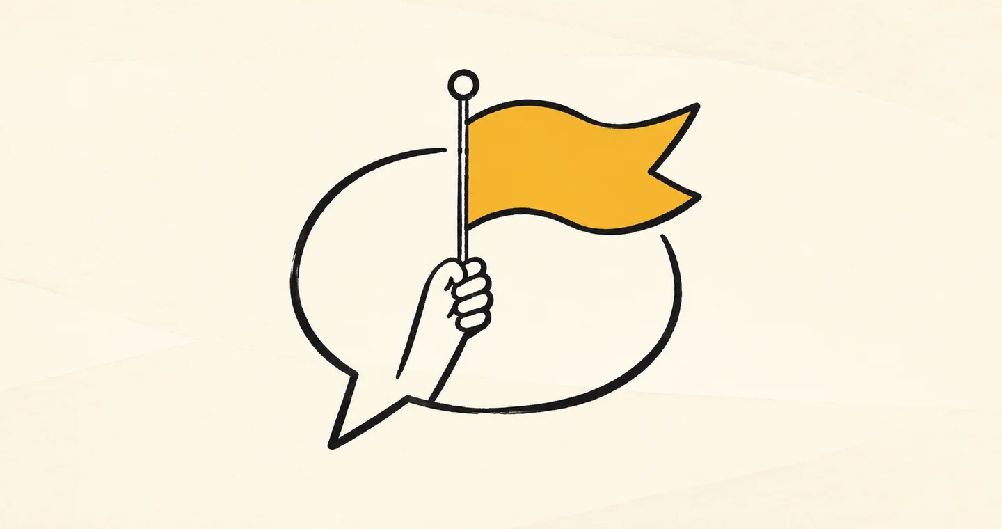 A speech bubble holding a simple unique flag, drawn in black ink with ochre accents on lightly textured paper.