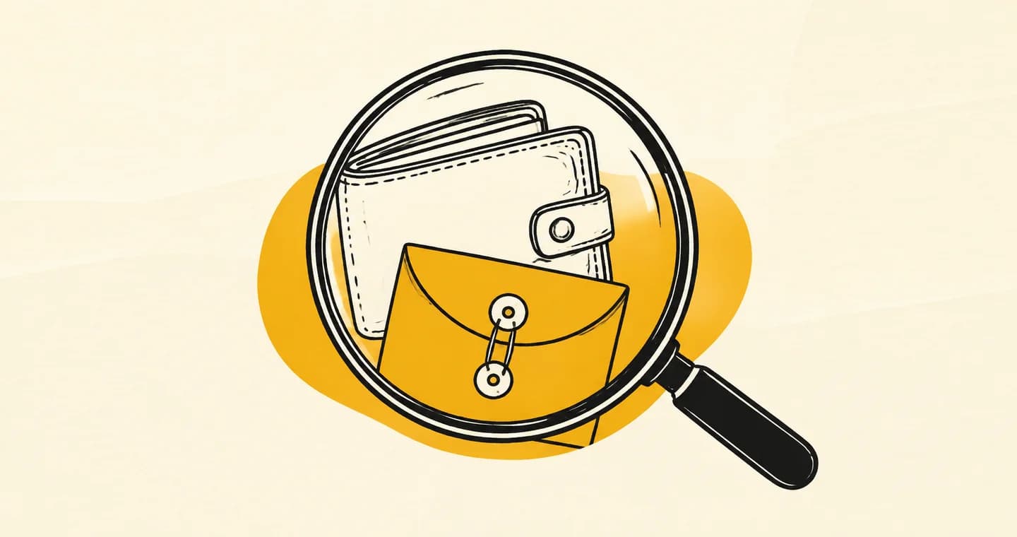 A wallet and payment envelope under a magnifying glass, drawn in black ink with ochre accents on lightly textured paper.