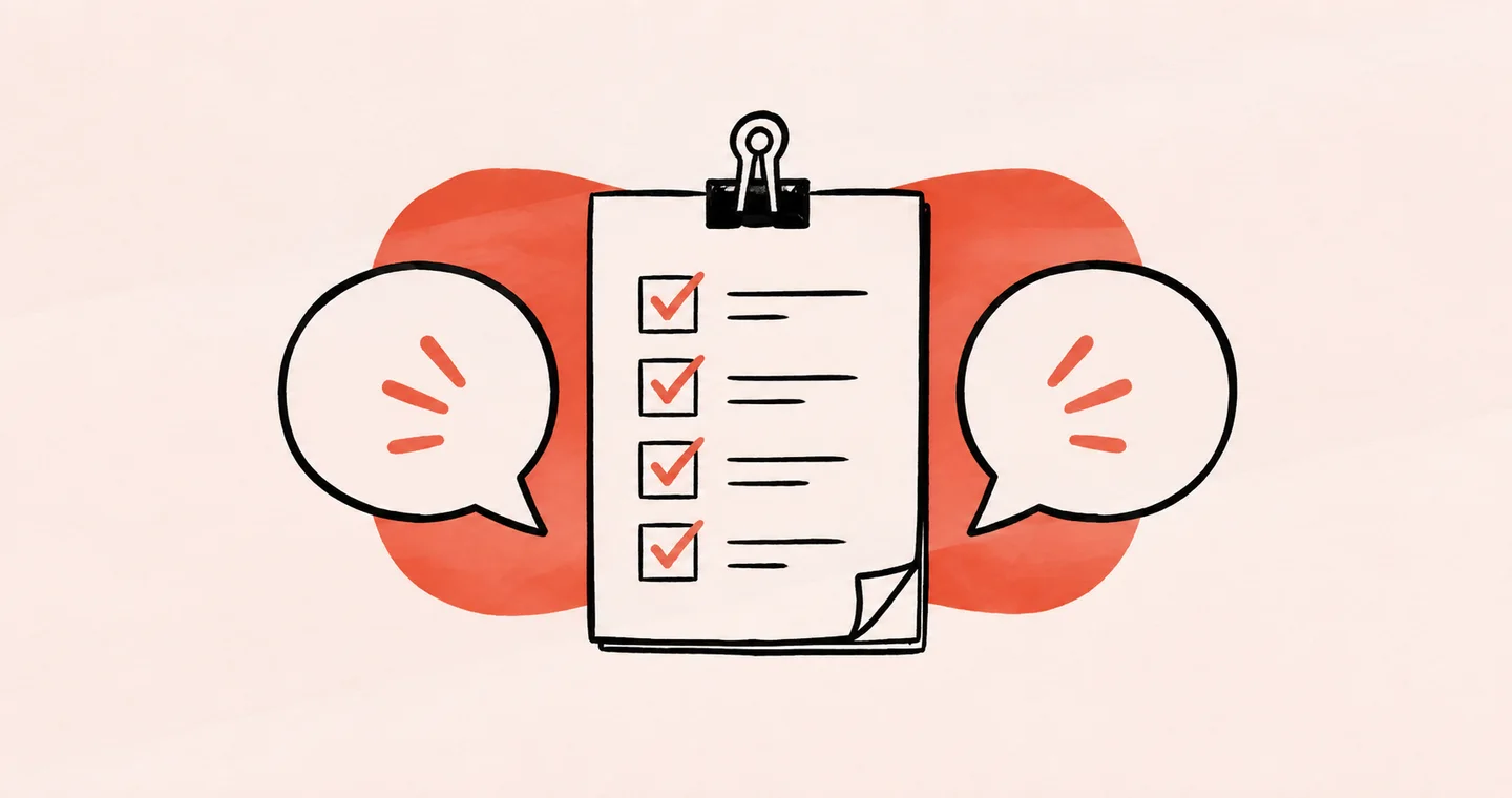 Two speech bubbles aligned around one shared checklist, drawn in black ink with coral accents on lightly textured paper.