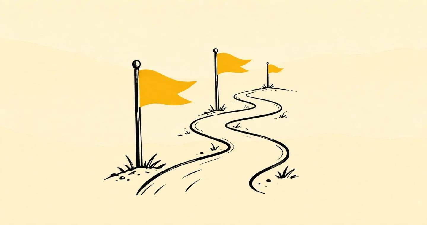 A winding path through three milestone flags, drawn in black ink with ochre accents on lightly textured paper.