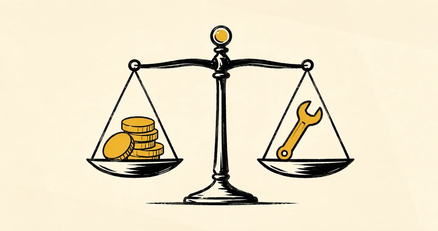 A balance scale weighing coins against a useful tool, drawn in black ink with ochre accents on lightly textured paper.