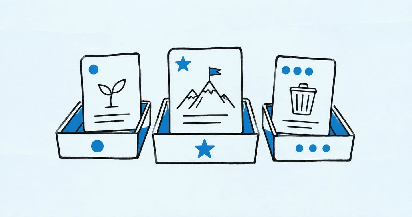 Three task cards sorted into three distinct priority trays, drawn in black ink with blue accents on lightly textured paper.