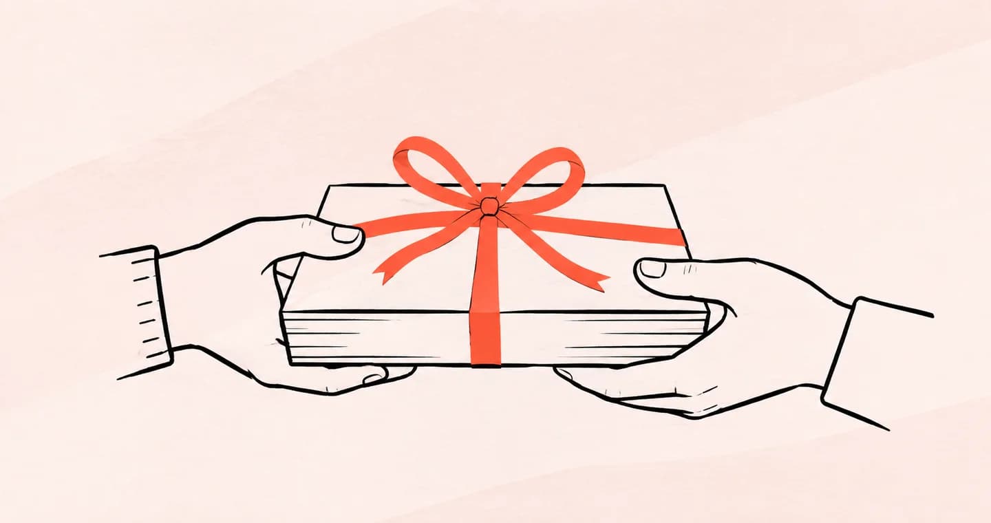 Two hands passing a neatly tied project package, drawn in black ink with coral accents on lightly textured paper.