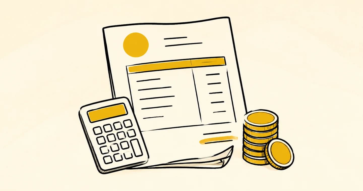 An invoice sheet with a calculator and a neat coin stack, drawn in black ink with ochre accents on lightly textured paper.