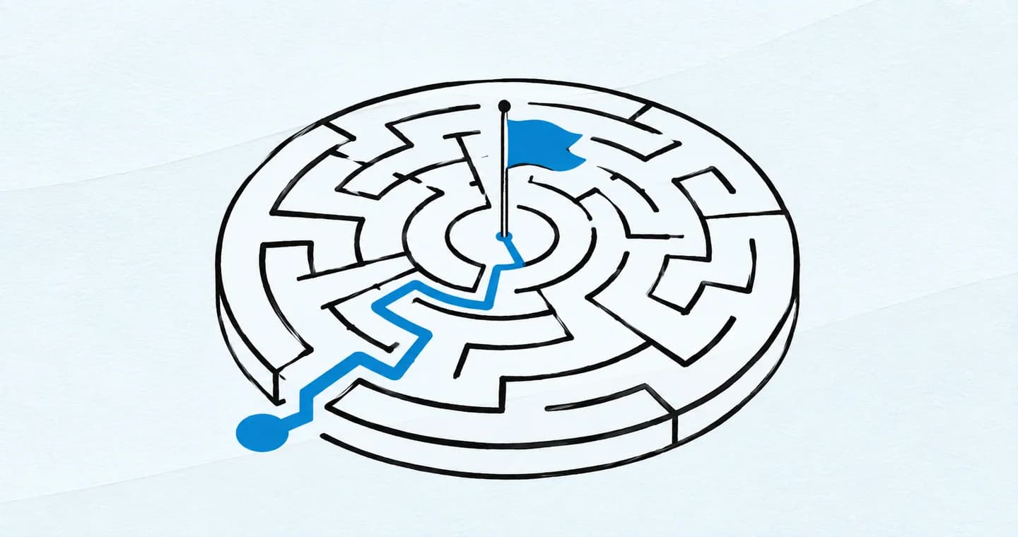 A maze with one bold shortest path ending at a flag, drawn in black ink with blue accents on lightly textured paper.