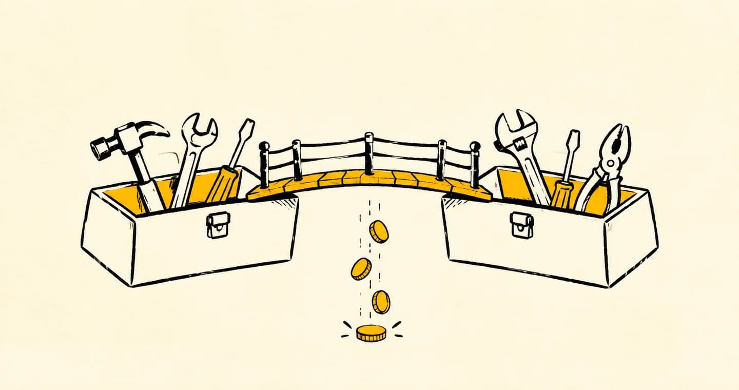 A small bridge between two toolboxes with coins dropping in the gap, drawn in black ink with ochre accents on lightly textured paper.