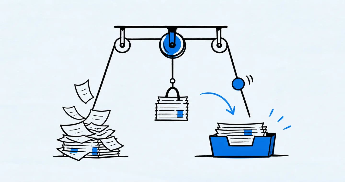 A playful pulley mechanism moving small admin papers into a finished tray, drawn in black ink with blue accents on lightly textured paper.