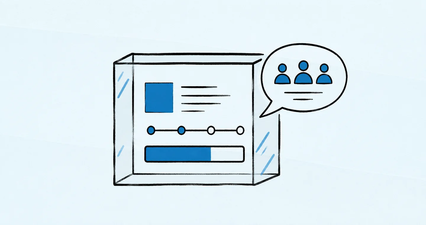 A transparent project window with a progress bar and speech bubble, drawn in black ink with blue accents on lightly textured paper.