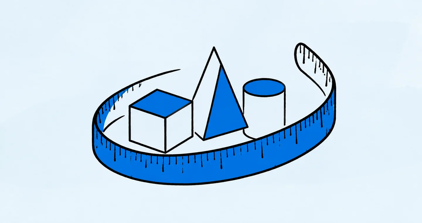 A flexible curved ruler around three geometric project blocks, drawn in black ink with blue accents on lightly textured paper.