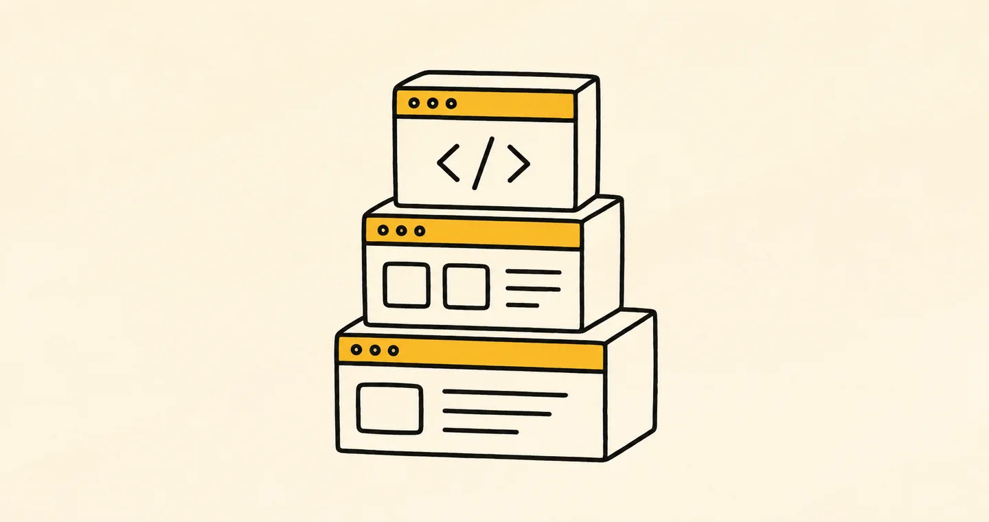 A stable tower built from three compact software-like blocks, drawn in black ink with ochre accents on lightly textured paper.