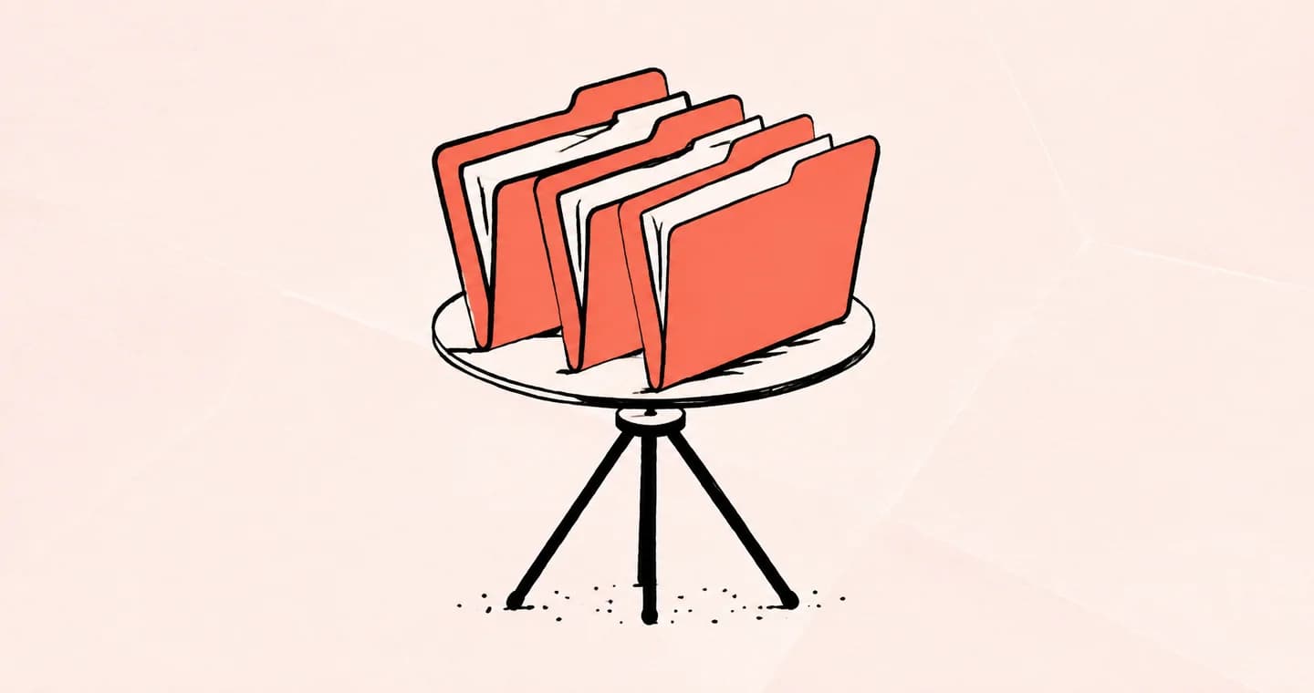 Three client folders balanced on a simple tripod, drawn in black ink with coral accents on lightly textured paper.