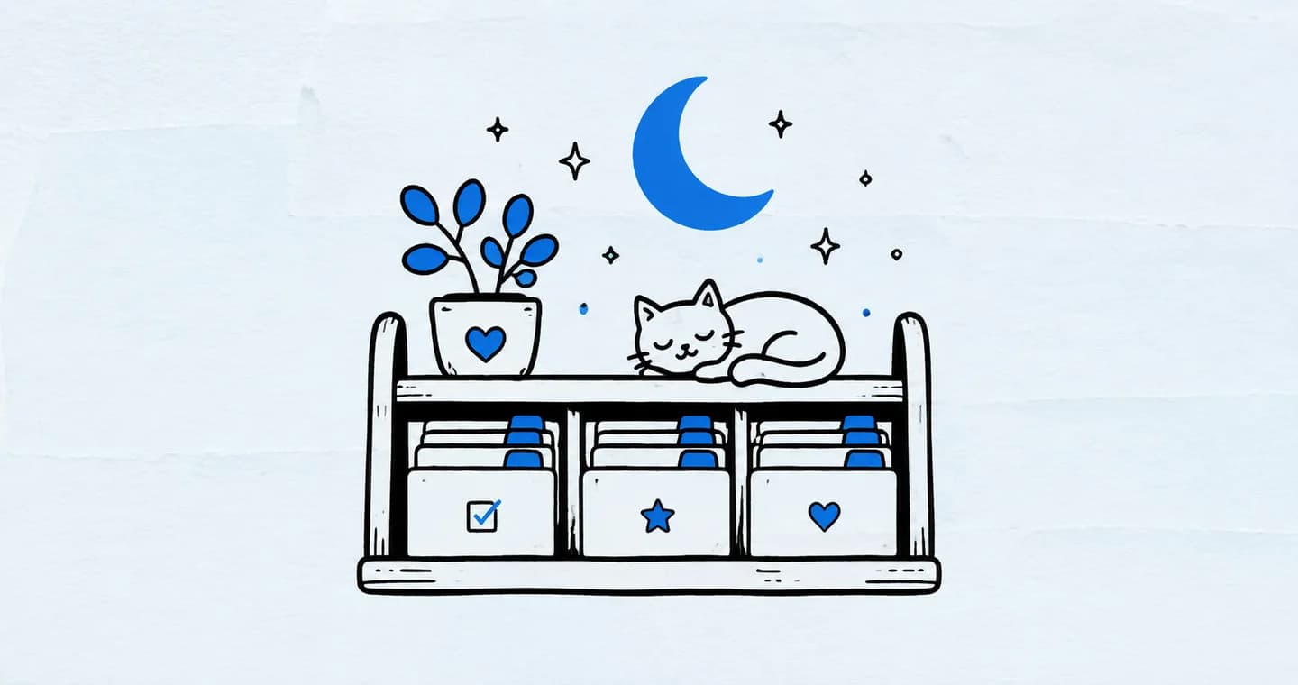 A tidy shelf holding parked task cards beneath a gentle moon, drawn in black ink with blue accents on lightly textured paper.