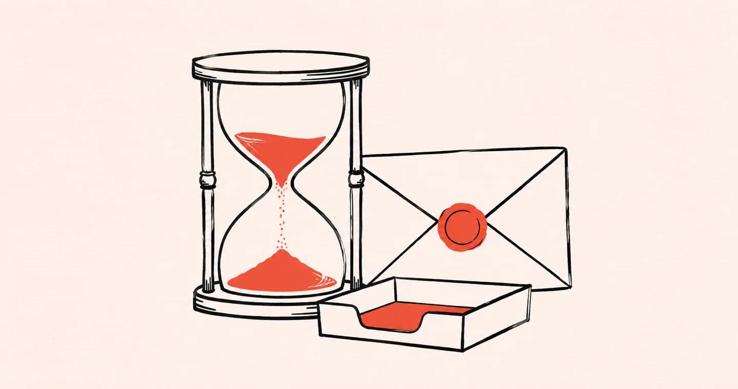 An hourglass beside a sealed envelope and a small waiting tray, drawn in black ink with coral accents on lightly textured paper.