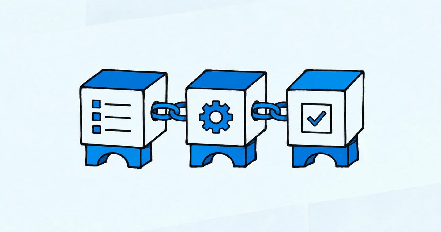 Three linked project blocks where one supports the next, drawn in black ink with blue accents on lightly textured paper.