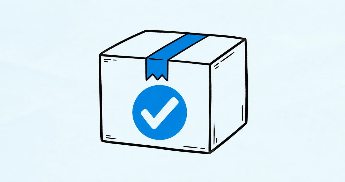 A finished geometric package sealed with one large checkmark, drawn in black ink with blue accents on lightly textured paper.