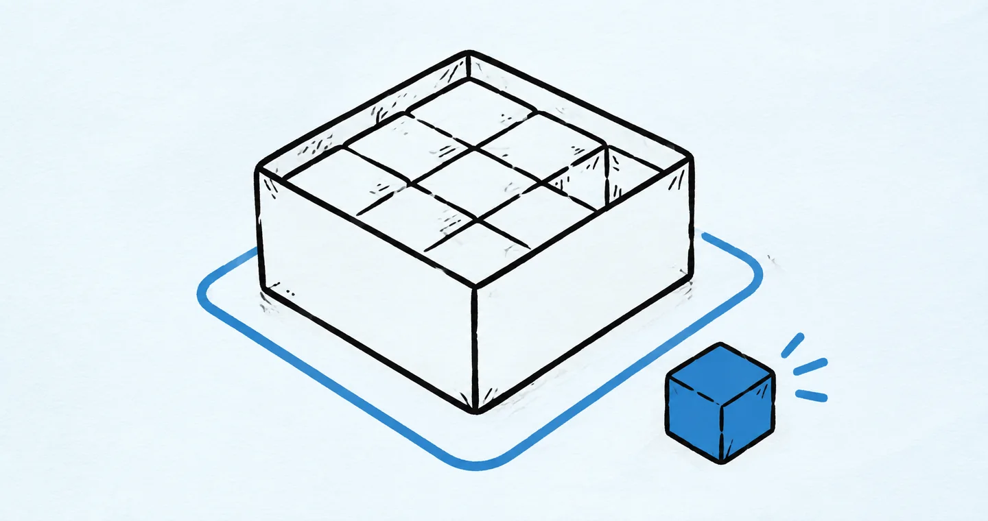 A project box with a boundary line and one extra block waiting outside, drawn in black ink with blue accents on lightly textured paper.