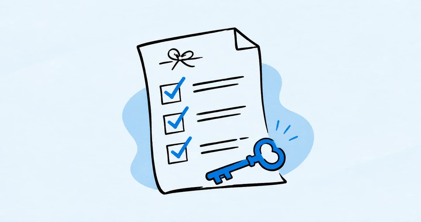 A proposal paper with three checked boxes and a small key, drawn in black ink with blue accents on lightly textured paper.