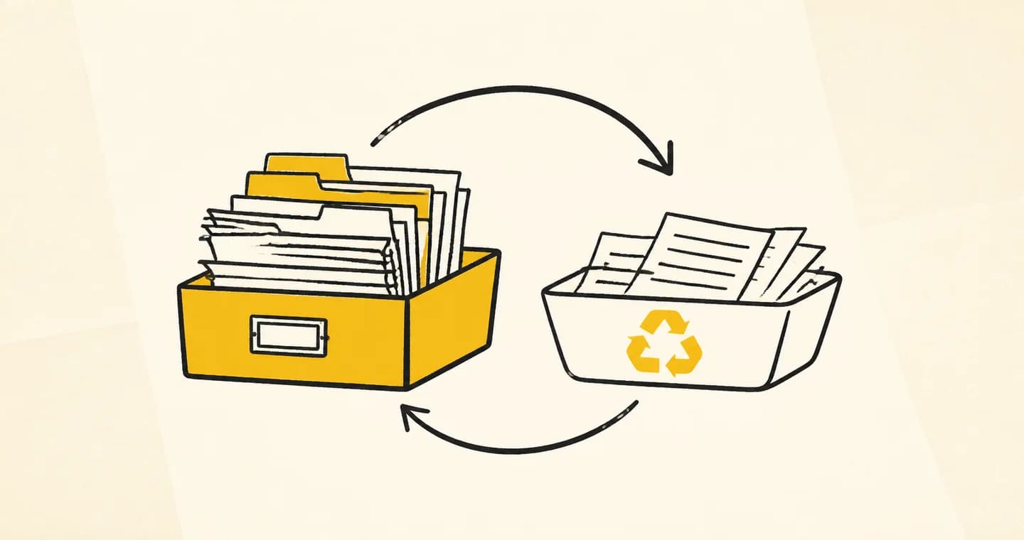 Two document trays: one archive box and one recycling loop, drawn in black ink with ochre accents on lightly textured paper.