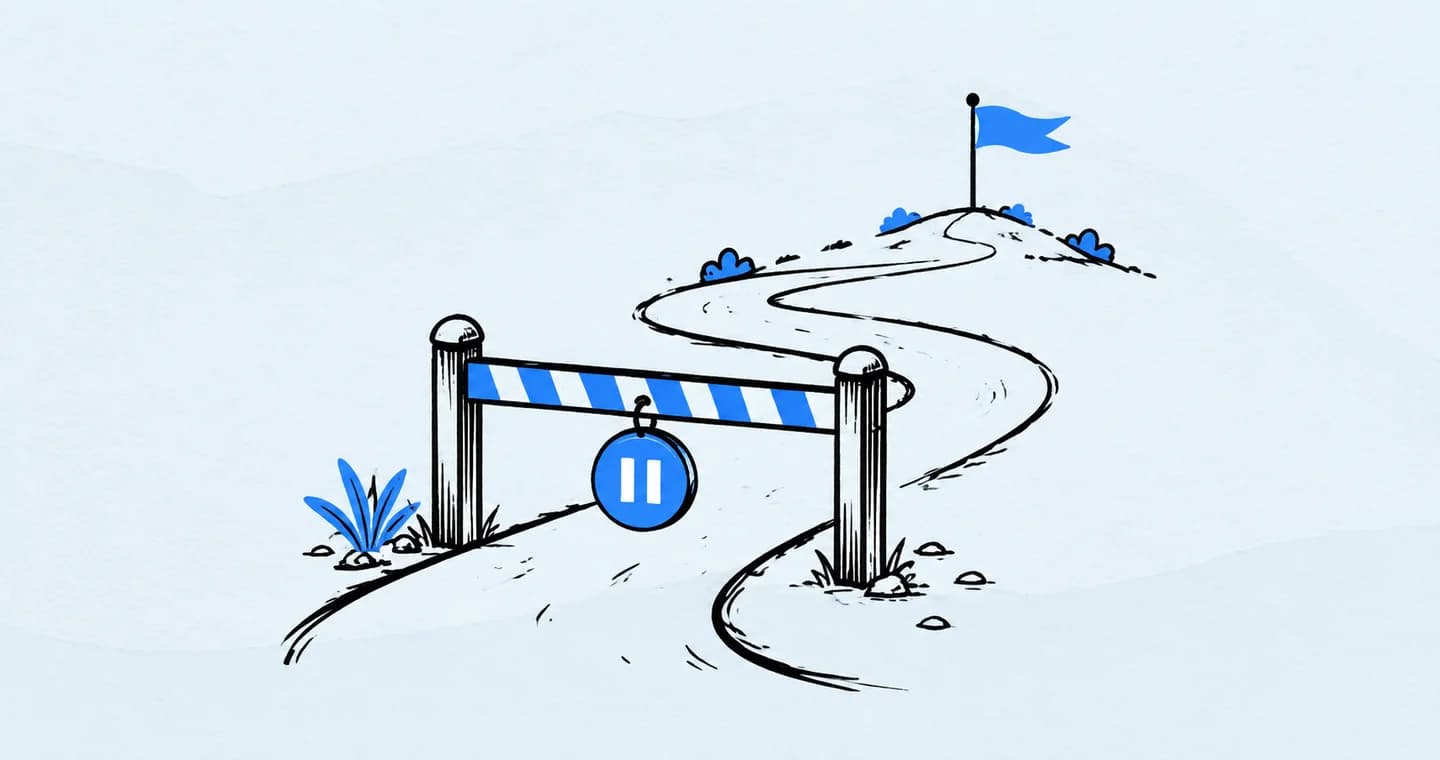 A winding project path with a pause gate and a small restart flag, drawn in black ink with blue accents on lightly textured paper.