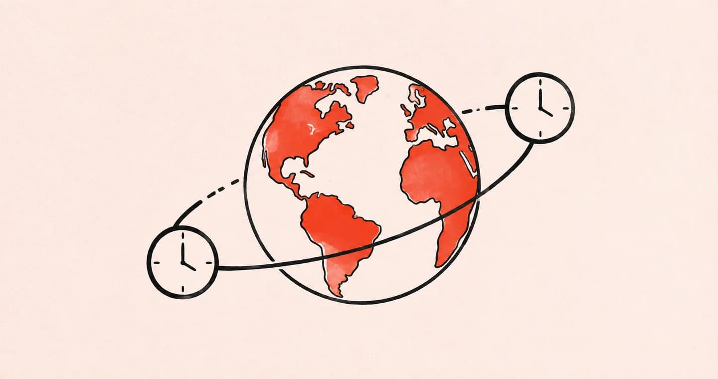 A globe with two small clocks connected by an orbital line, drawn in black ink with coral accents on lightly textured paper.